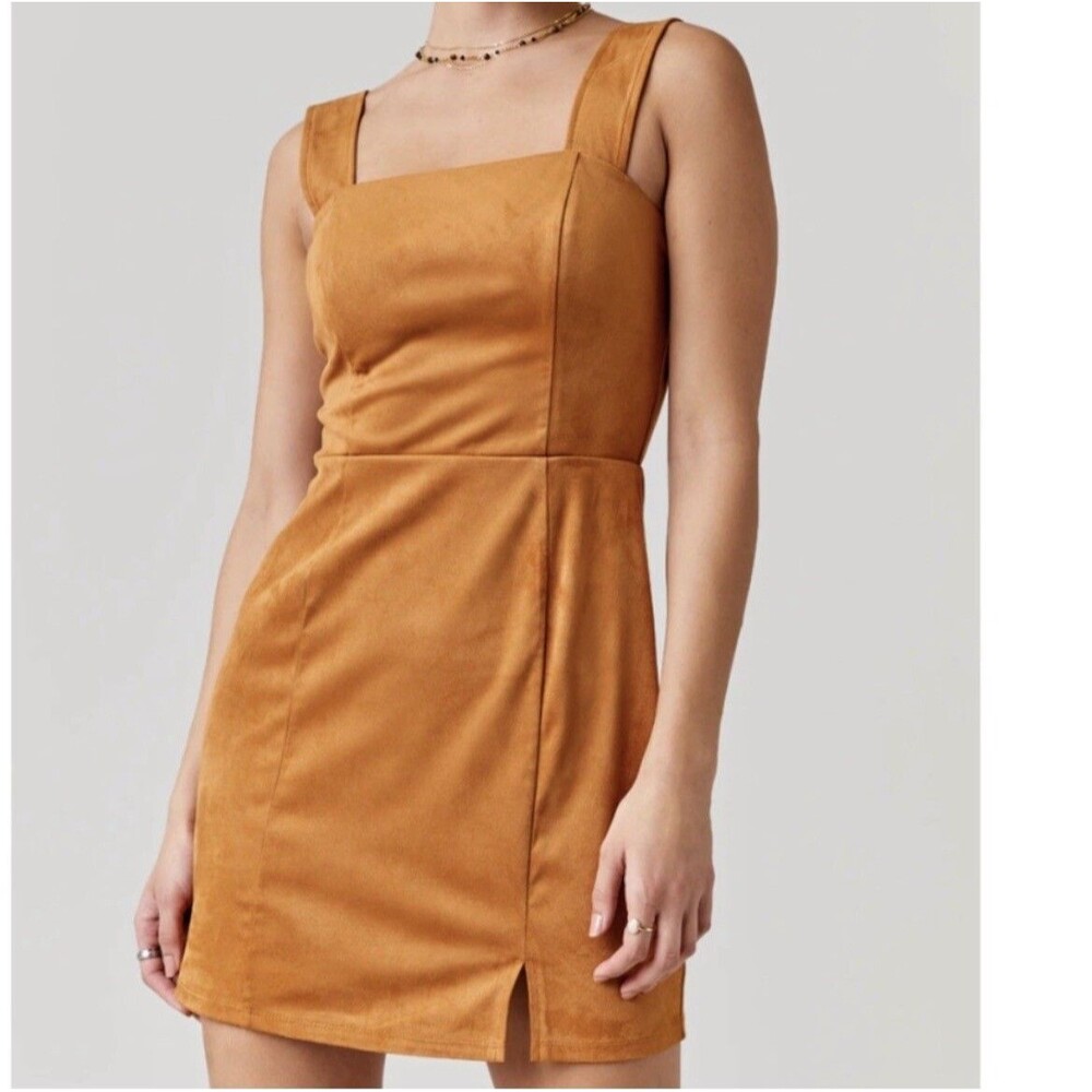 Mi Ami for Francesca's Faux Suede Mini Dress Mustard Tan Square Neck Small NWT